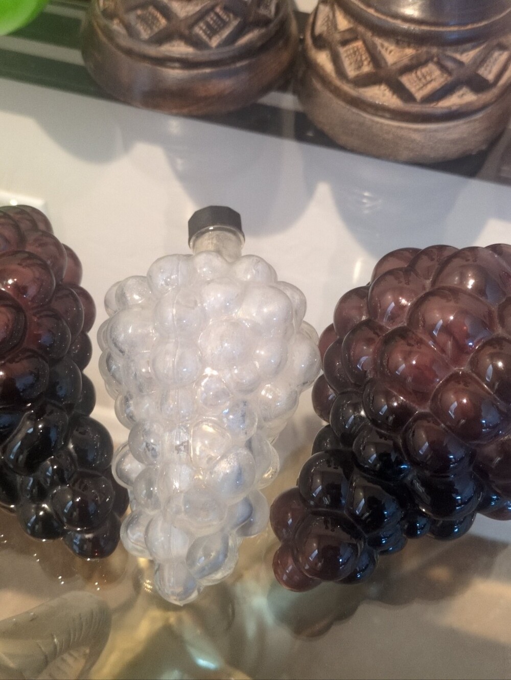 Two Vintage Italian Glass Grape Decorative Accent with Green Leaf and One Clear